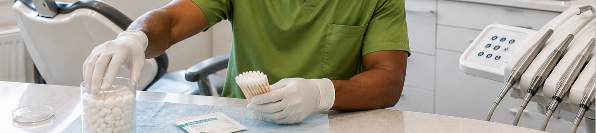 MYNT disposable products set including three boxes of 3-ply bibs, cotton roll dispensers, cotton-filled gauze, blue gloves, a stack of cups, face masks, and a sterile tool pouch on a white background.