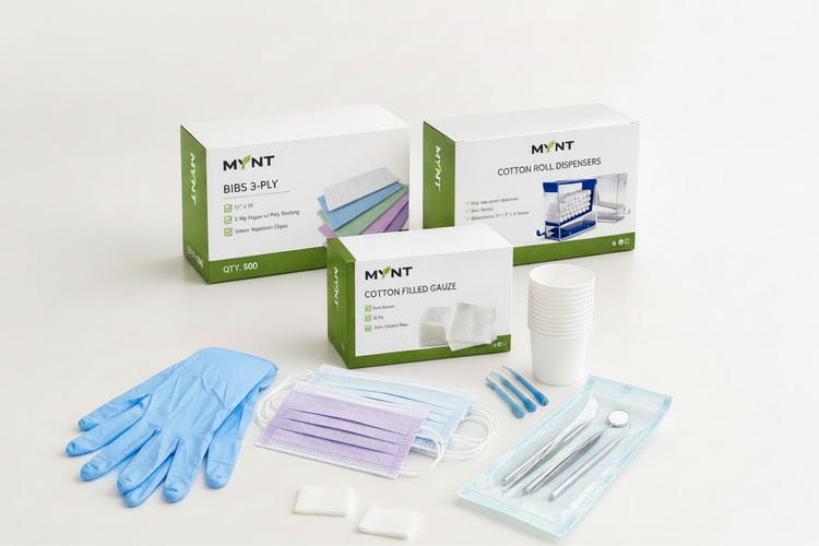 MYNT disposable products set including three boxes of 3-ply bibs, cotton roll dispensers, cotton-filled gauze, blue gloves, a stack of cups, face masks, and a sterile tool pouch on a white background.