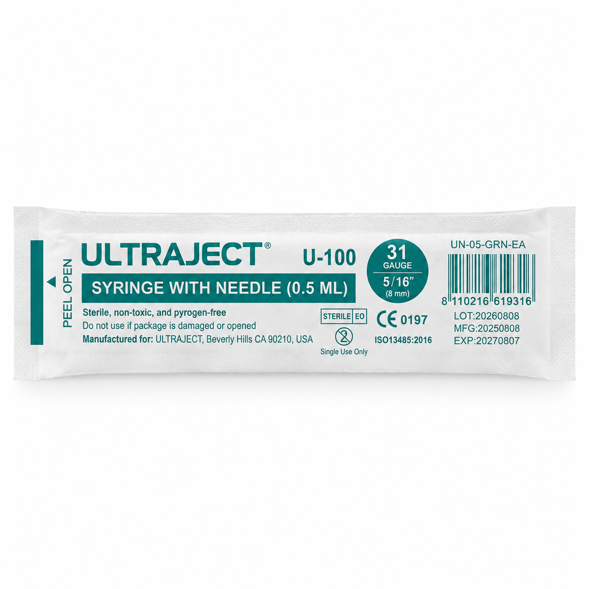 Ultraject 0.5 mL 31 ga 5/16" 8mm Syringes With Needles