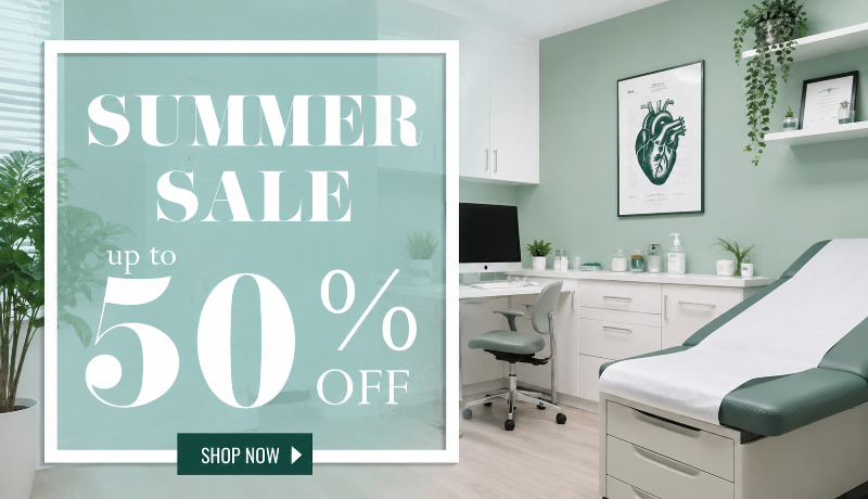 A promotional banner for a summer sale featuring large white text on a mint green background that reads 'SUMMER SALE up to 50% OFF' with a 'SHOP NOW' button. The right side shows a clean, modern treatment room with a mint green wall, white cabinets, a treatment table, and a computer desk.