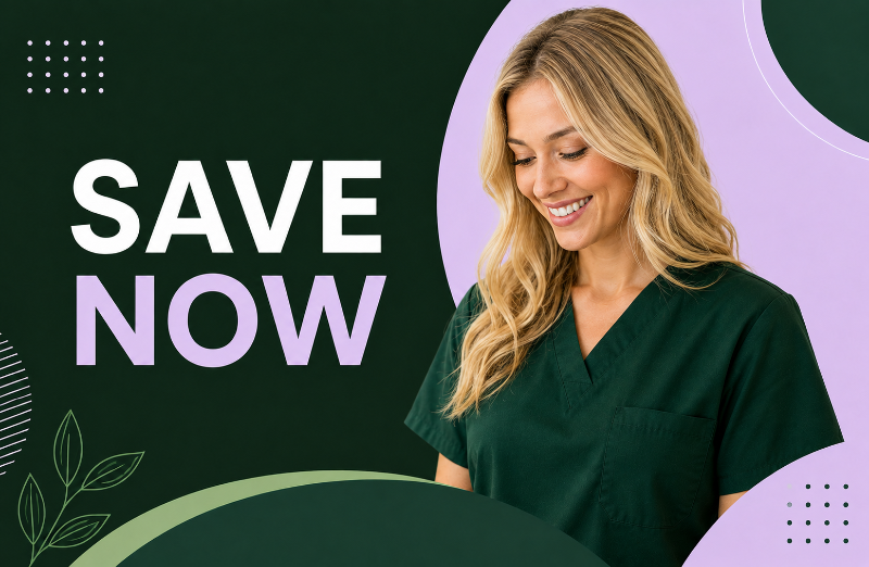 A smiling blonde woman in dark green medical scrubs looks down, set against a graphic background with the text 'SAVE NOW' in white and lavender. The background features abstract shapes in dark green and lavender.