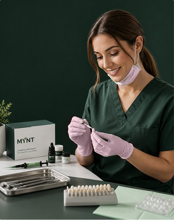A woman in dark green medical scrubs and lavender gloves handles a small dental or cosmetic tool at a desk, with a MYNT product box, small bottles, a metal tray, and sample teeth trays visible in a clean clinical setting.