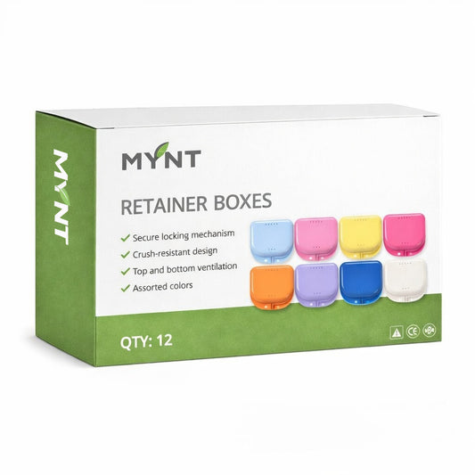 MYNT retainer boxes packaging with colorful boxes on a white background