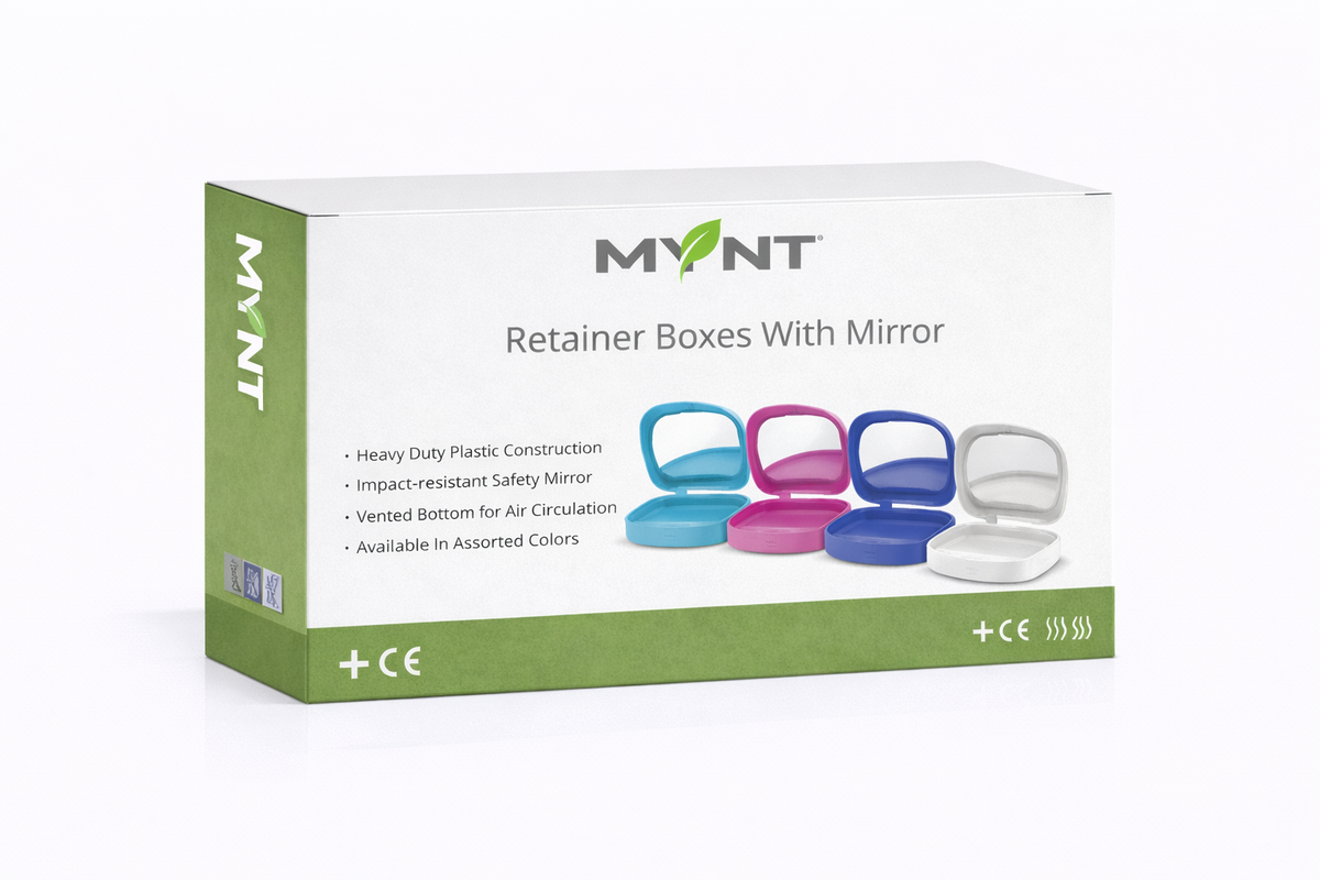 Box of MINT retainer boxes with mirror on a white background